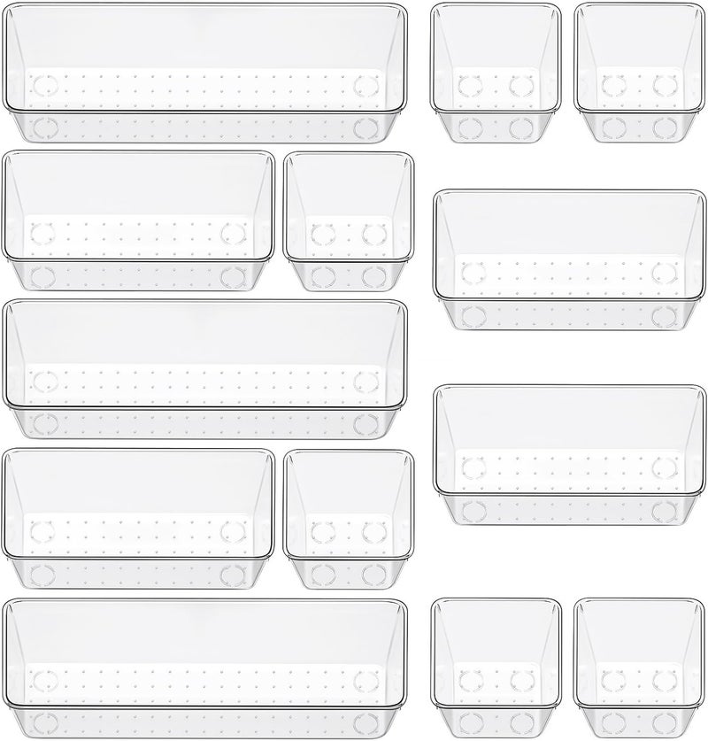 Freshmage 12 Piece Clear Drawer Organizer Set, 3 Sizes Bathroom Vanity Organizer Trays and Storage Bins for Makeup, Cosmetics, Jewelry, and Gadgets. Perfect for Office, Kitchen, Bedroom, Bathroom Use. - Image 1